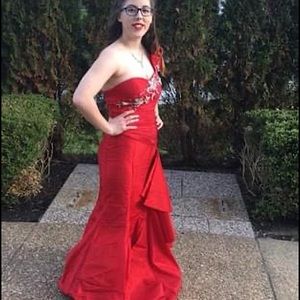 Long red prom dress, one strap.